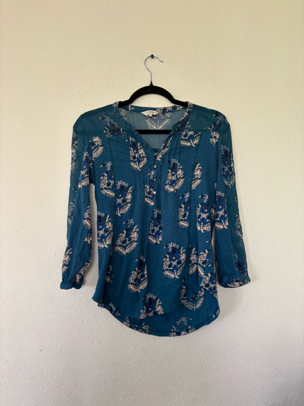 Lucky Brand Teal Floral Henley Blouse